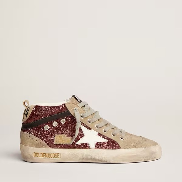 Golden Goose Mid Star Sneaker in Burgundy Glitter/Gray Suede sz 40 New in Box - Picture 2 of 13